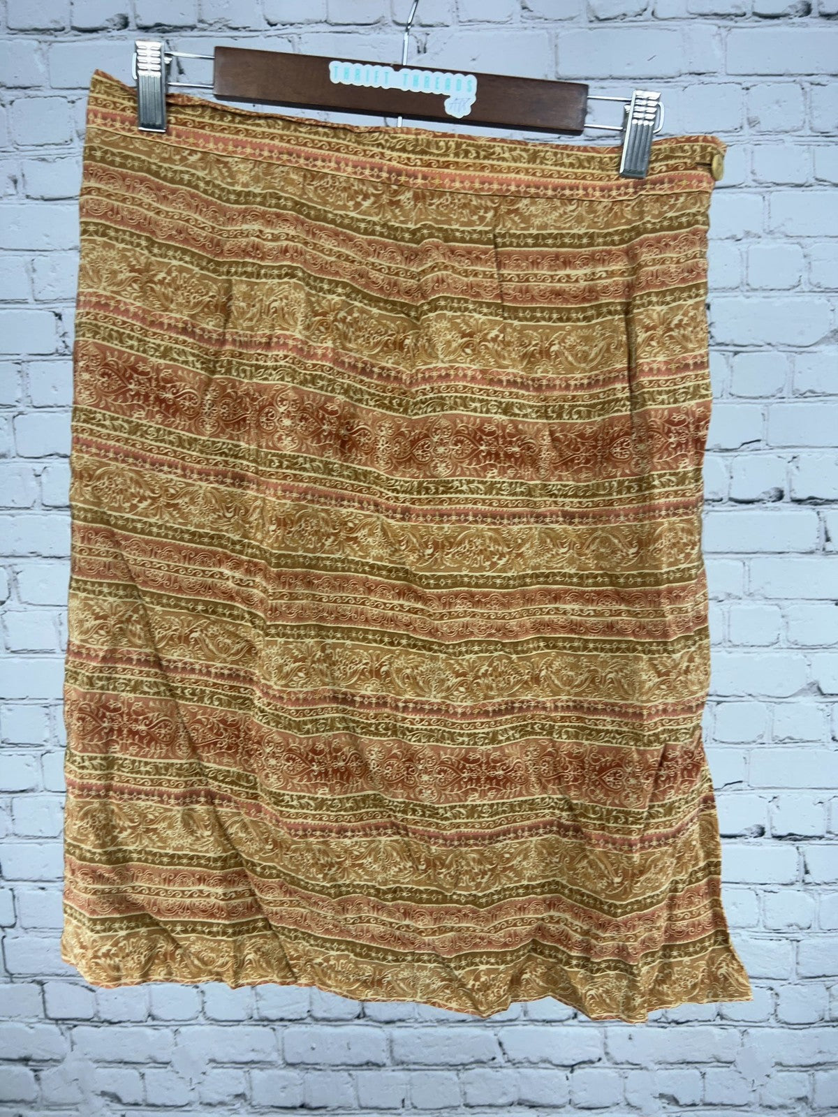 VTG Talbots Tan Rust Paisley Border Print 100% Silk Lined Midi Skirt 10