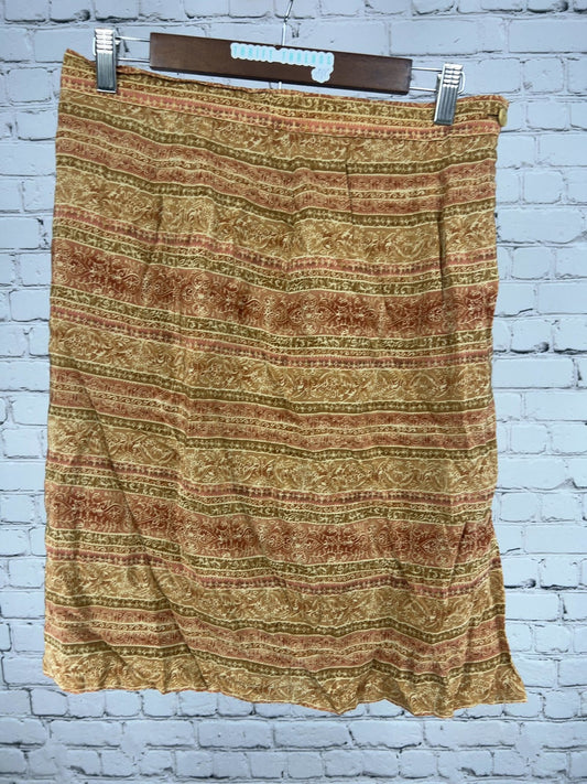 VTG Talbots Tan Rust Paisley Border Print 100% Silk Lined Midi Skirt 10