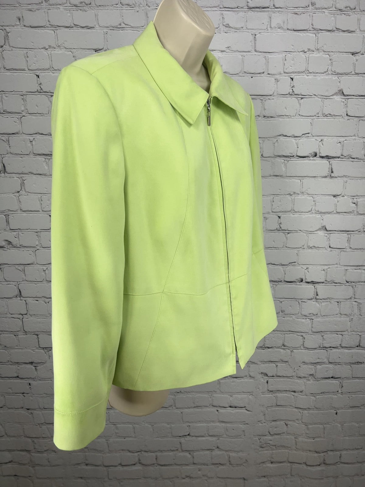 VTG Talbots Woman Petites Lime Green Faux Suede Zip Front Lined Jacket 12W