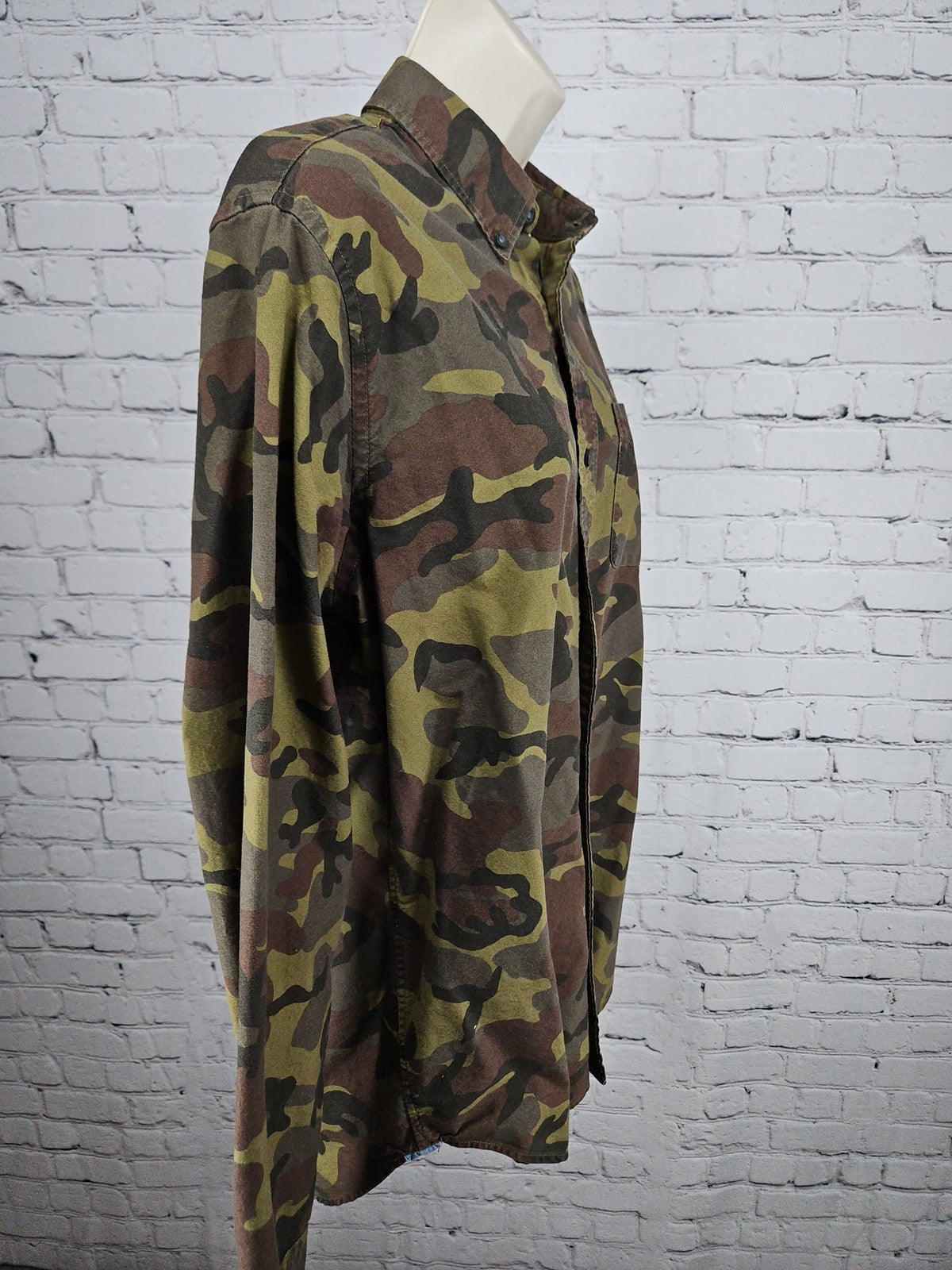 Native Trashion Upcycled AC/DC Evil Walks Camo Button Down Women's Shirt L