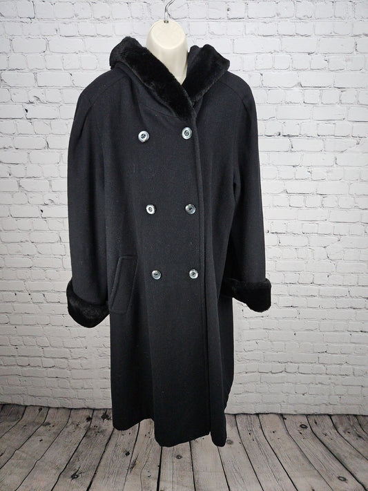VTG Charles Klein Black 100% Wool Faux Fur Hooded Double Breasted Coat 20WP