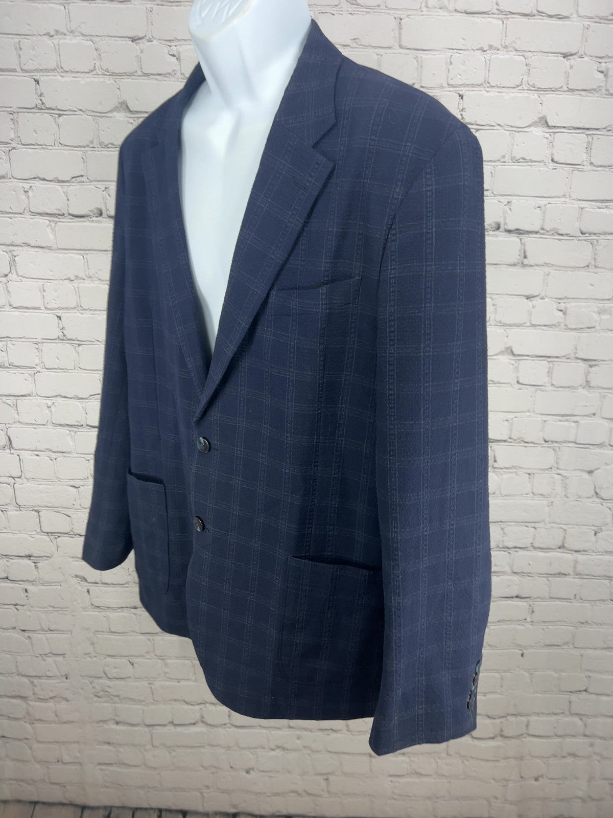 Awearness Kenneth Cole Navy Plaid Seersucker 2 Button Blazer Sport Coat XL