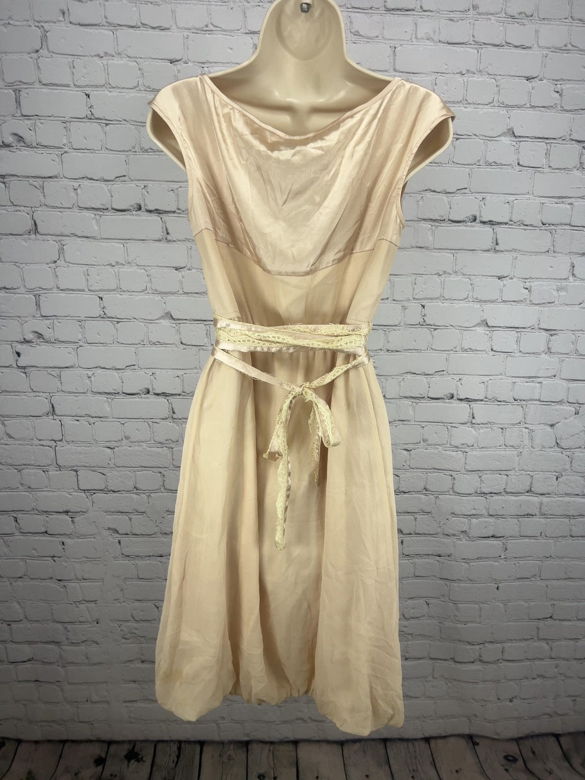 Blush Pink 100% Silk Satin Yoke Sleeveless Bubble Hem Lace Tie Dress M