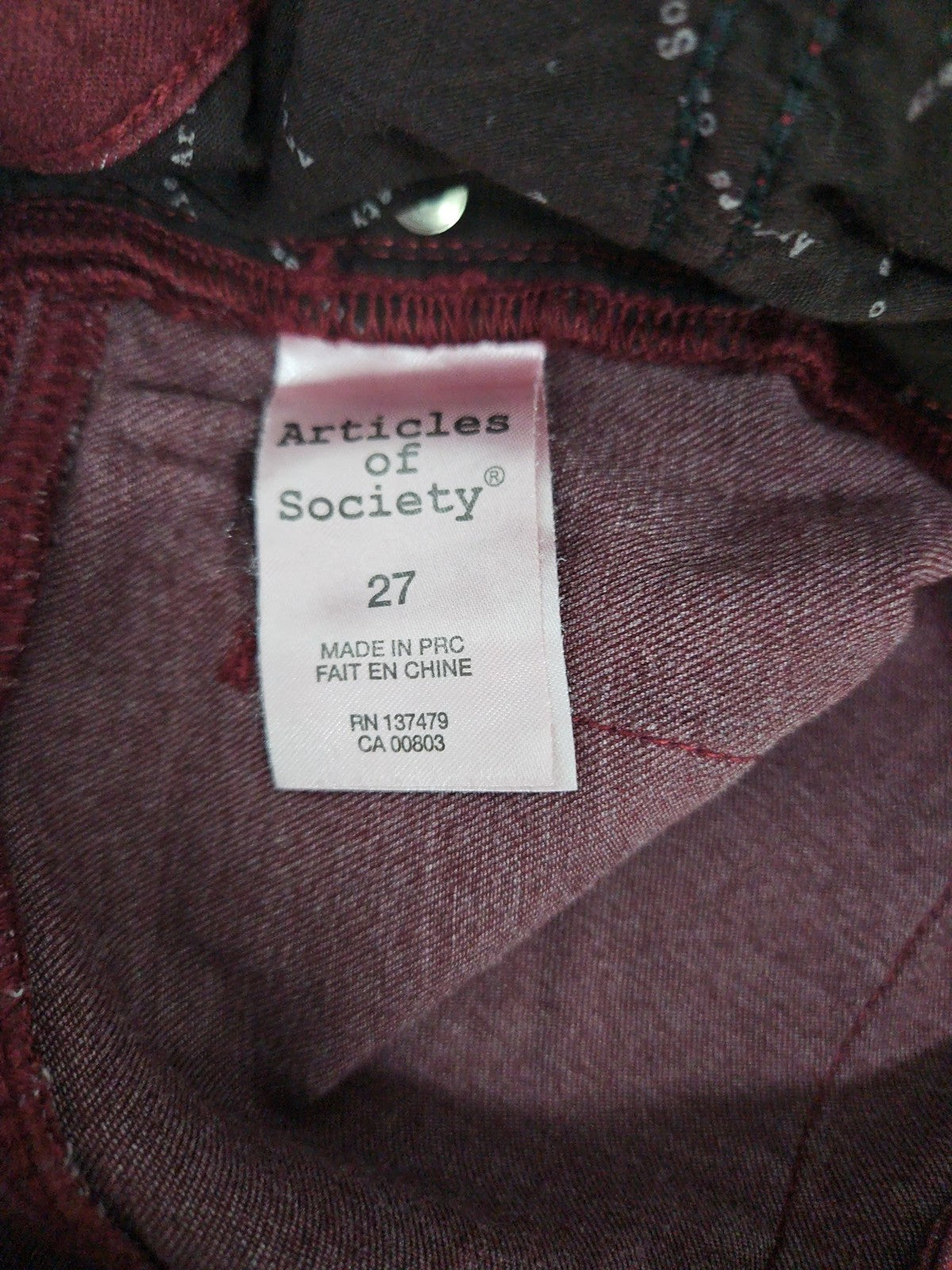 Articles of Society Burgundy Raw Hem Skinny Women's Denim Jeans 27 (28X30)