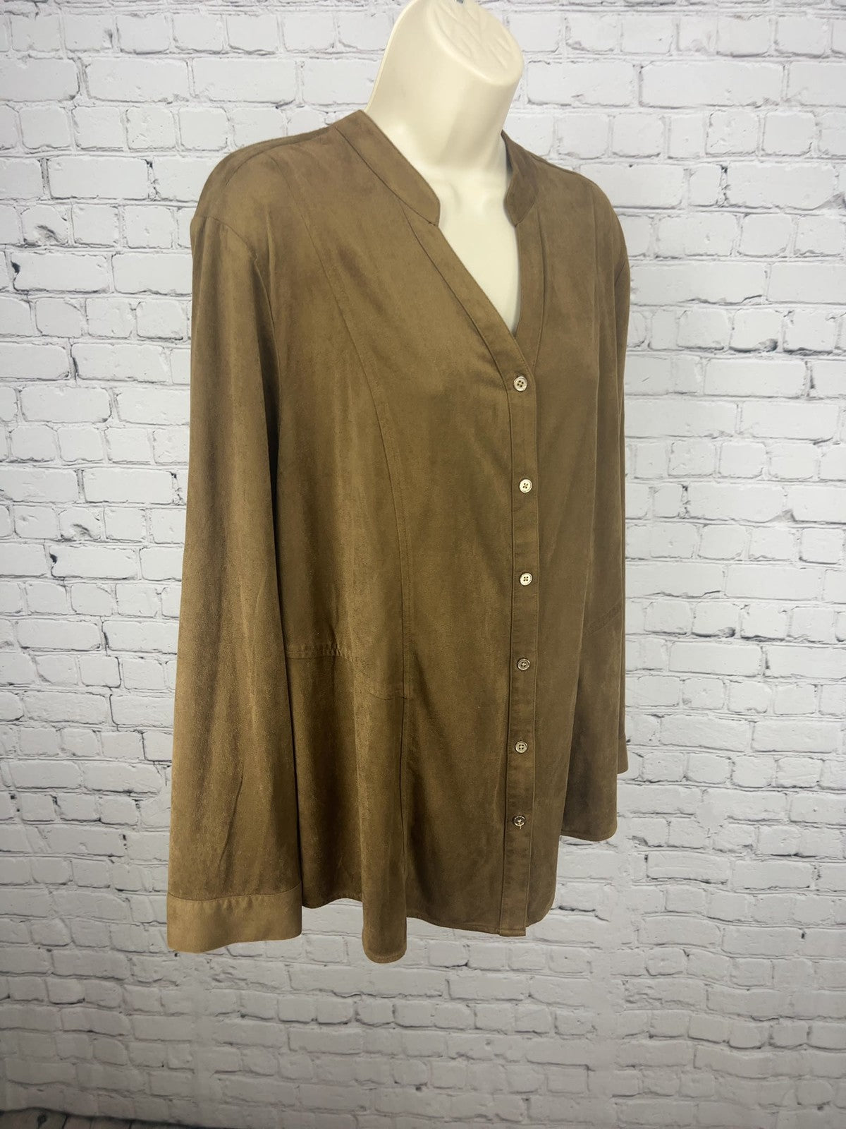 Chico's Brown Faux Suede Button Front Long Sleeve Tunic Blouse Size 3 (US L)