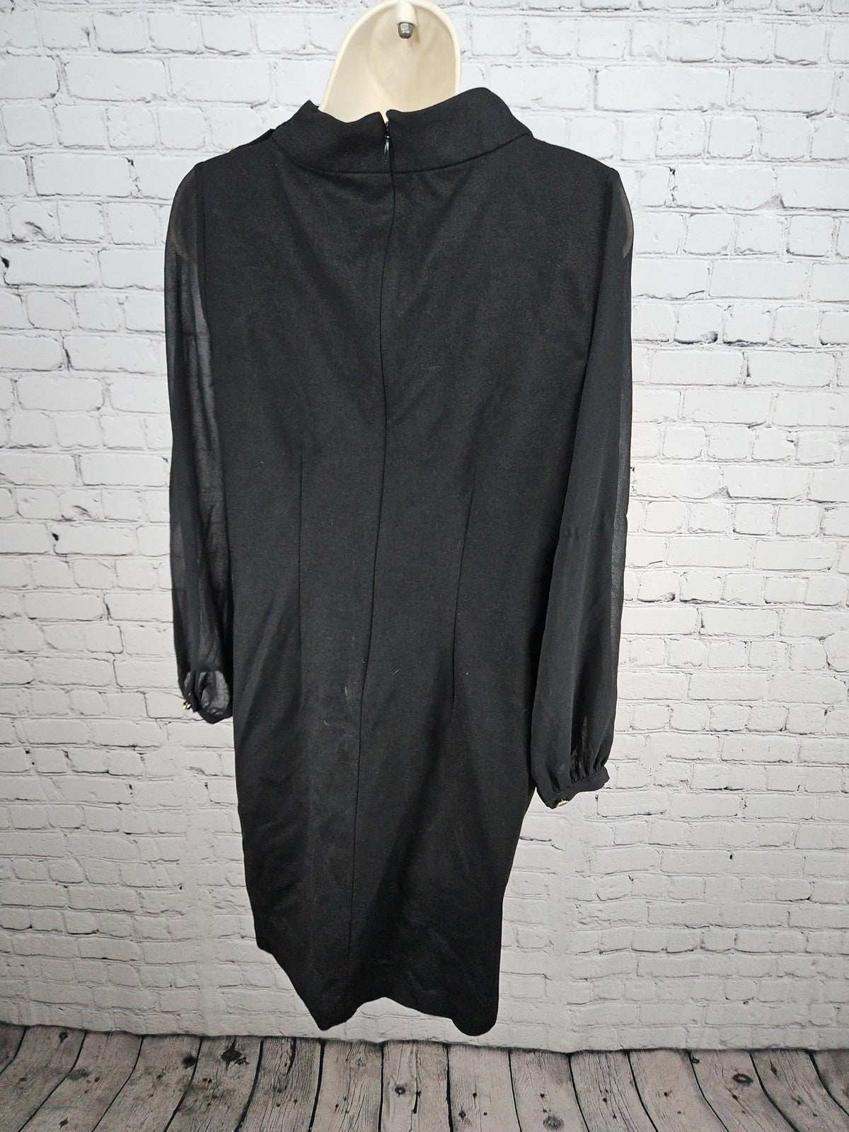 NWD Talbots Petite Black Funnel Neck Sheer Sleeve Button Shoulder Shift Dress 8P