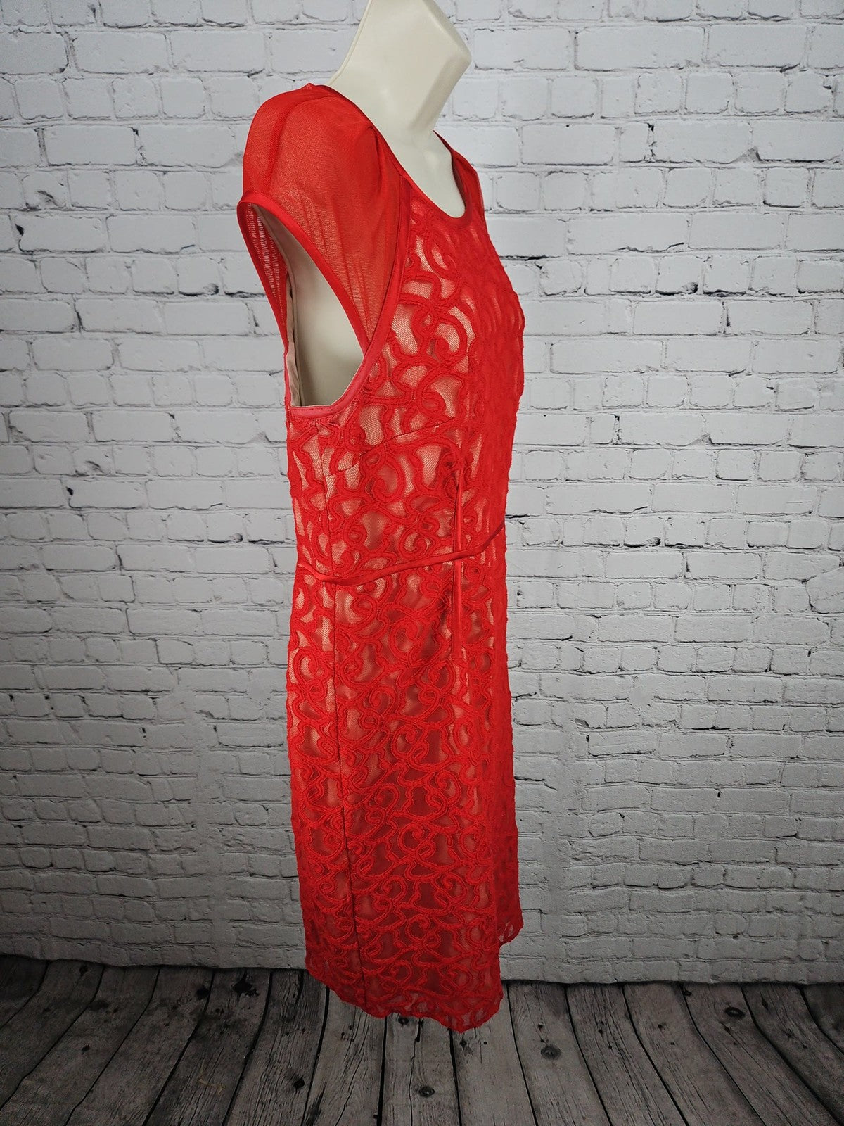 Adrianna Papell Red Lace Illusion Mesh Cap Sleeve Lined Sheath Dress 12