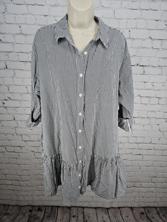 Lands' End Gray White Striped Drop Waist Ruffle Hem Shirt Dress M