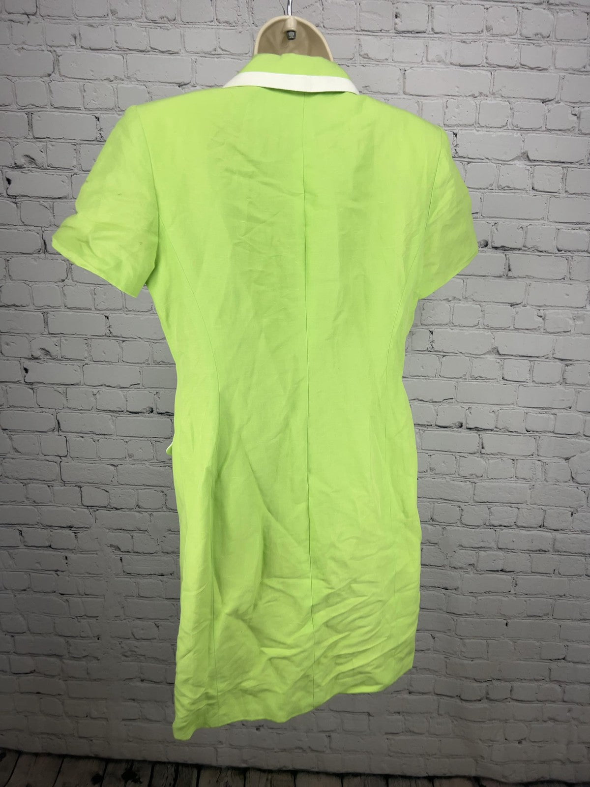 VTG Evan-Picone Lime Green White Trim Linen Blend Short Sleeve Shirt Dress 8