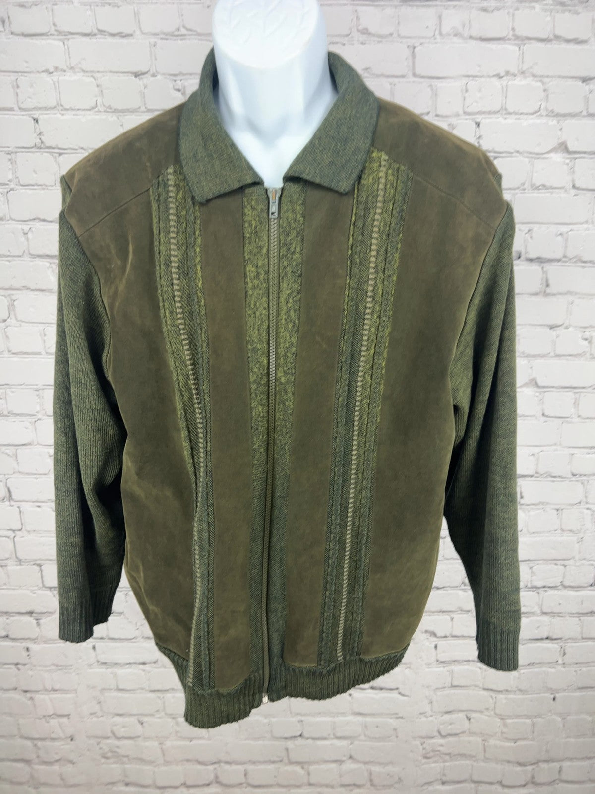 VTG Tabaroni Olive Green Brown Leather Wool Knit Zip Sweater Jacket Italy L
