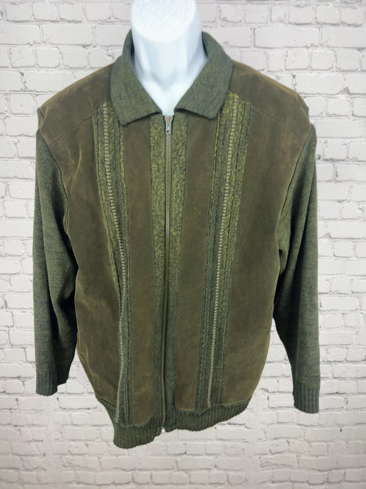 VTG Tabaroni Olive Green Brown Leather Wool Knit Zip Sweater Jacket Italy L
