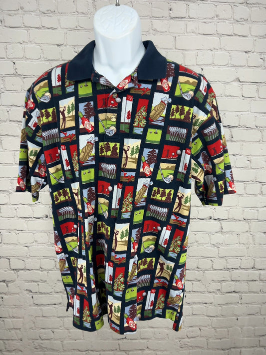 VTG Tabasco Sportswear Navy Multicolor Golf Print Short Sleeve Polo Shirt L
