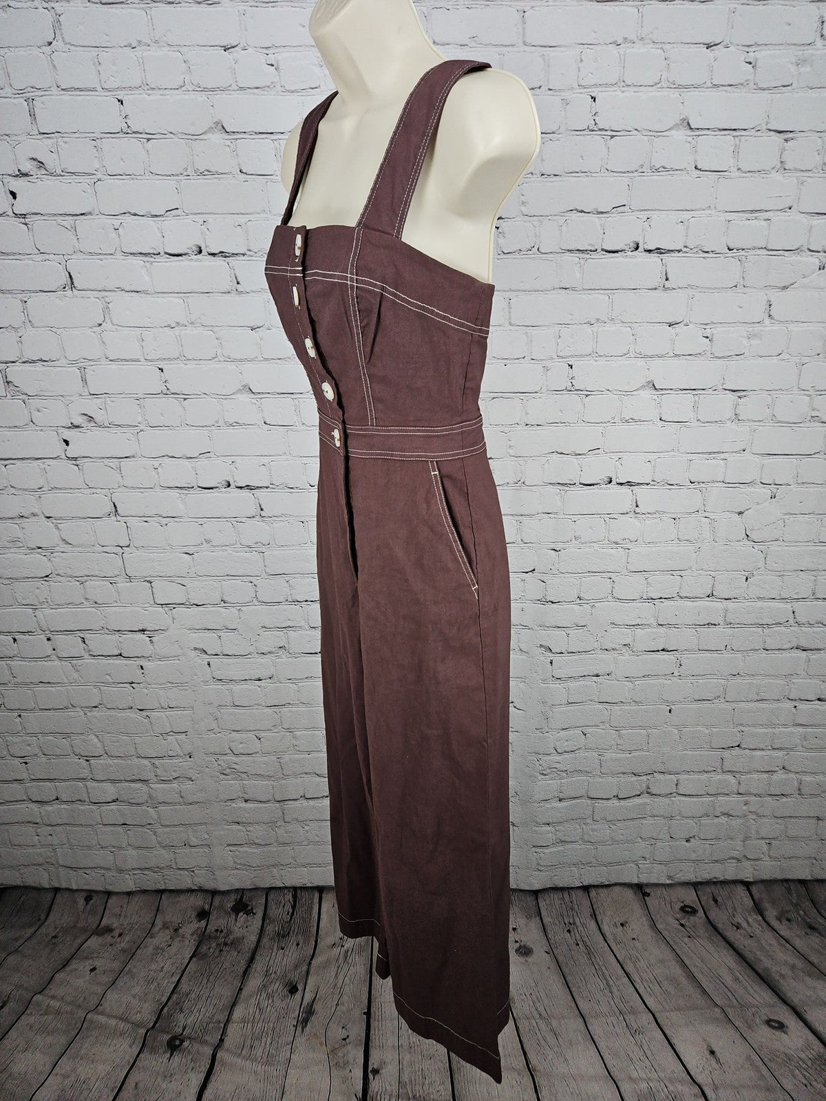 Maeve Anthropologie Colette Brown Contrast Stitch Wide Leg Jumpsuit 0