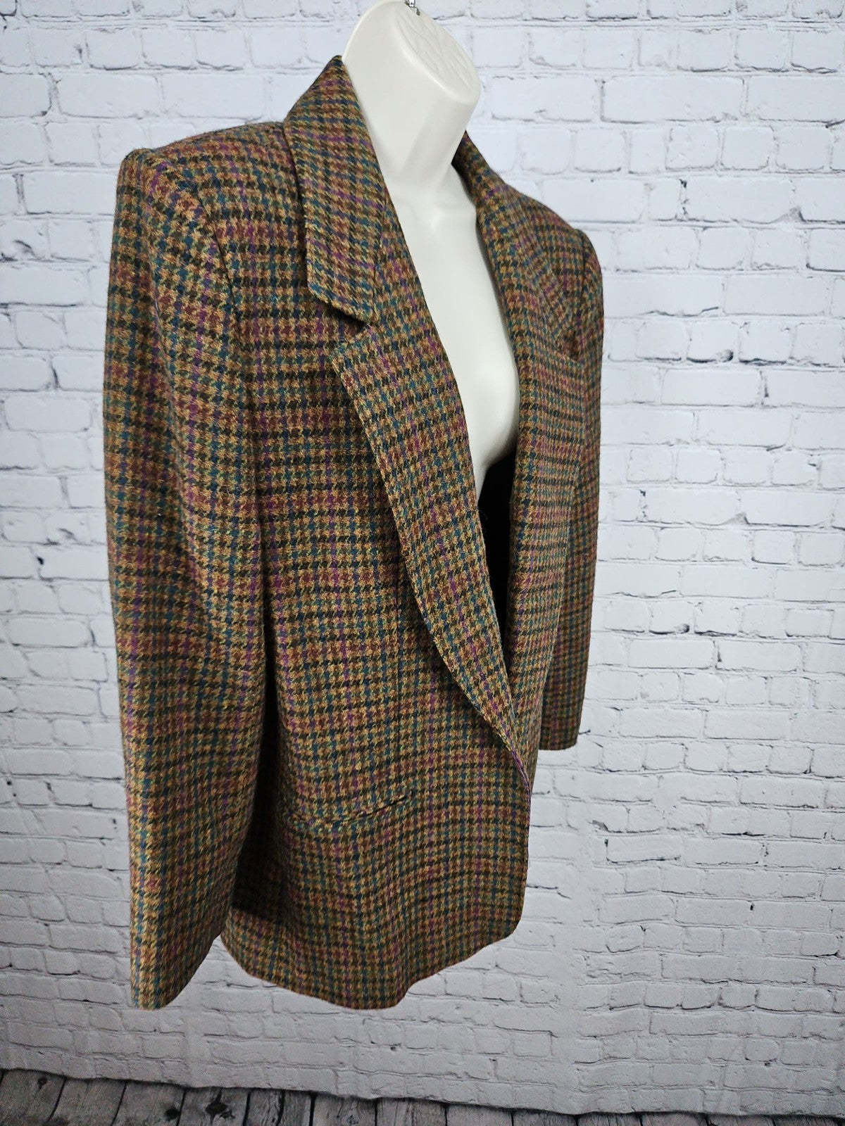 VTG Giorgio Sant'Angelo Brown Multicolor Houndstooth 100% Wool Blazer Jacket L