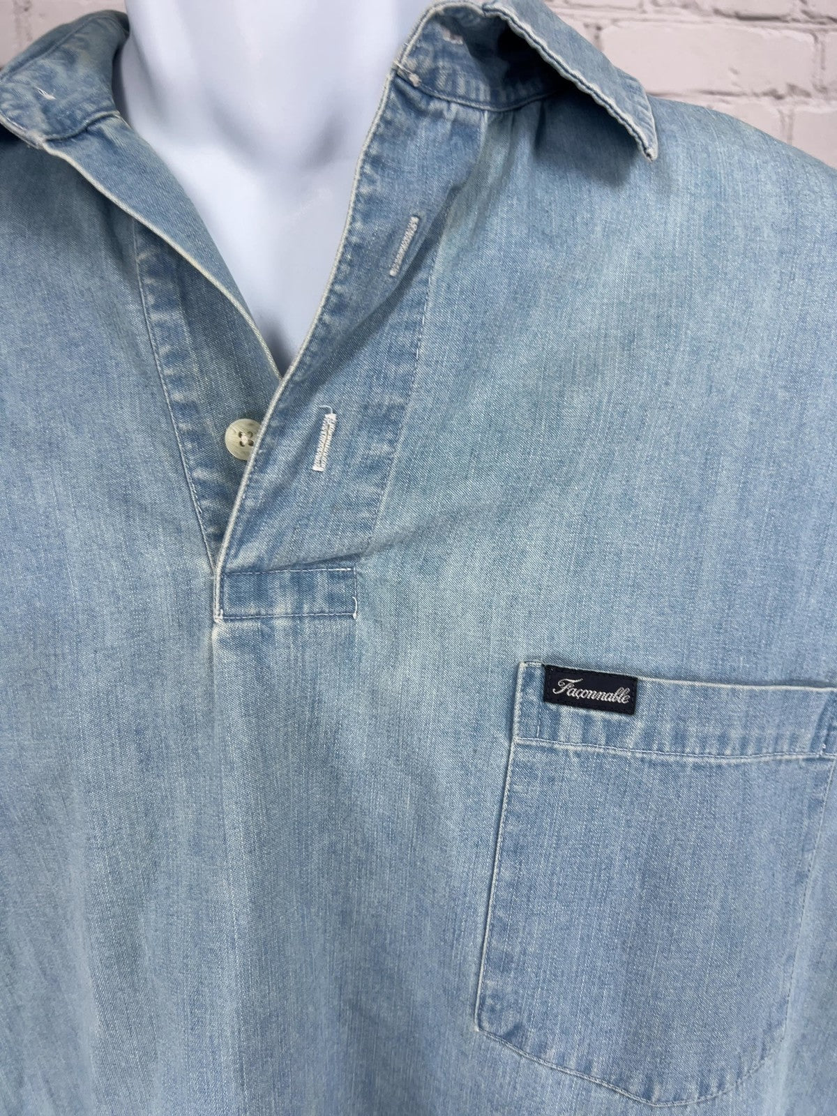 VTG Faconnable Light Wash Denim Popover Short Sleeve Pocket Shirt Mens M