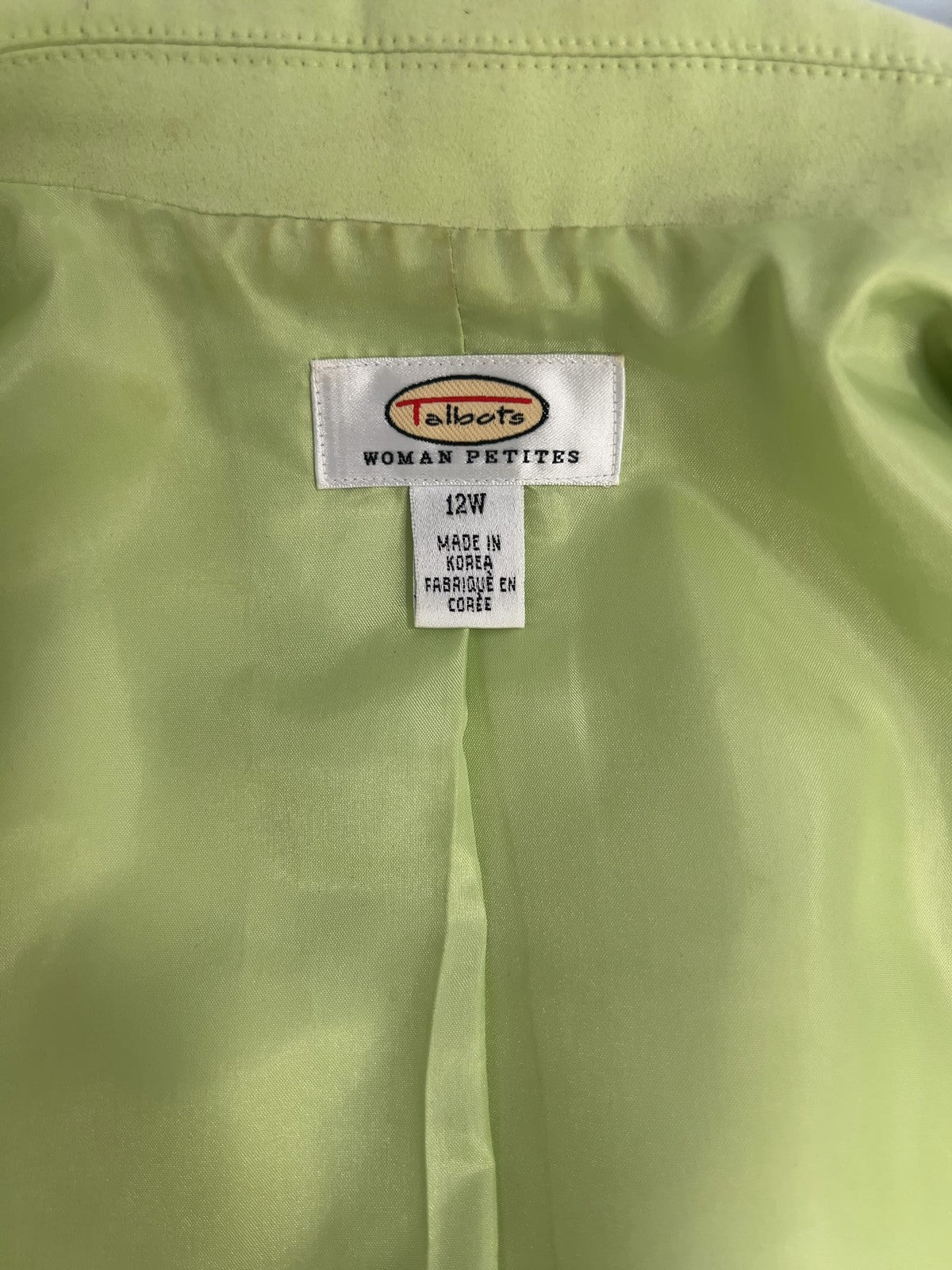 VTG Talbots Woman Petites Lime Green Faux Suede Zip Front Lined Jacket 12W
