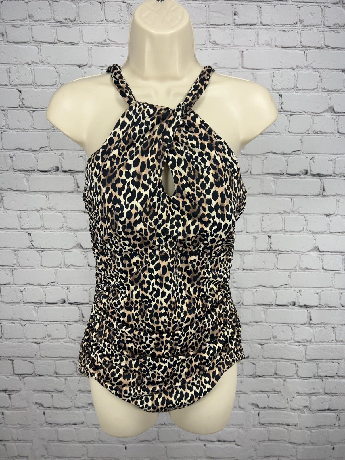 Embrace Your Curves Leopard High Neck Keyhole Ruched One Piece Swimsuit L