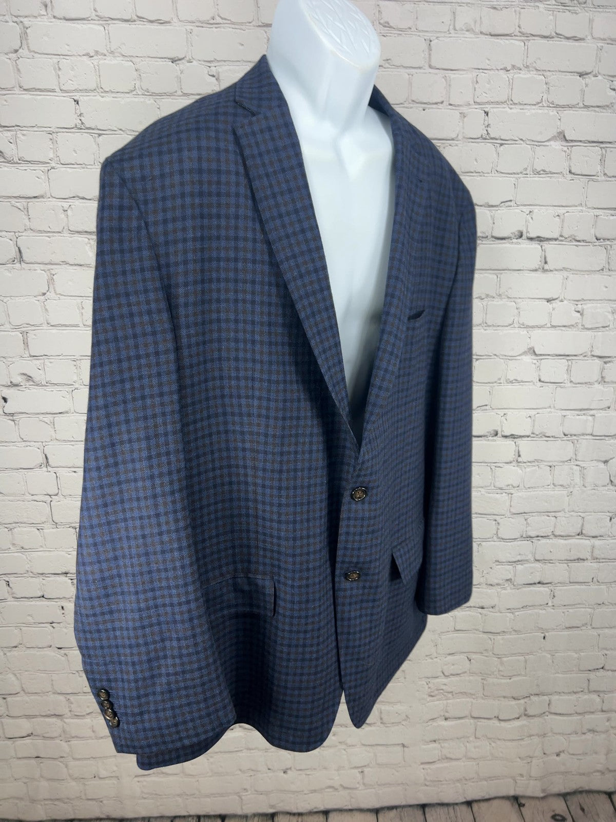 Cremieux Classics Blue Brown Gingham 100% Wool Elbow Patch Sport Coat XXL
