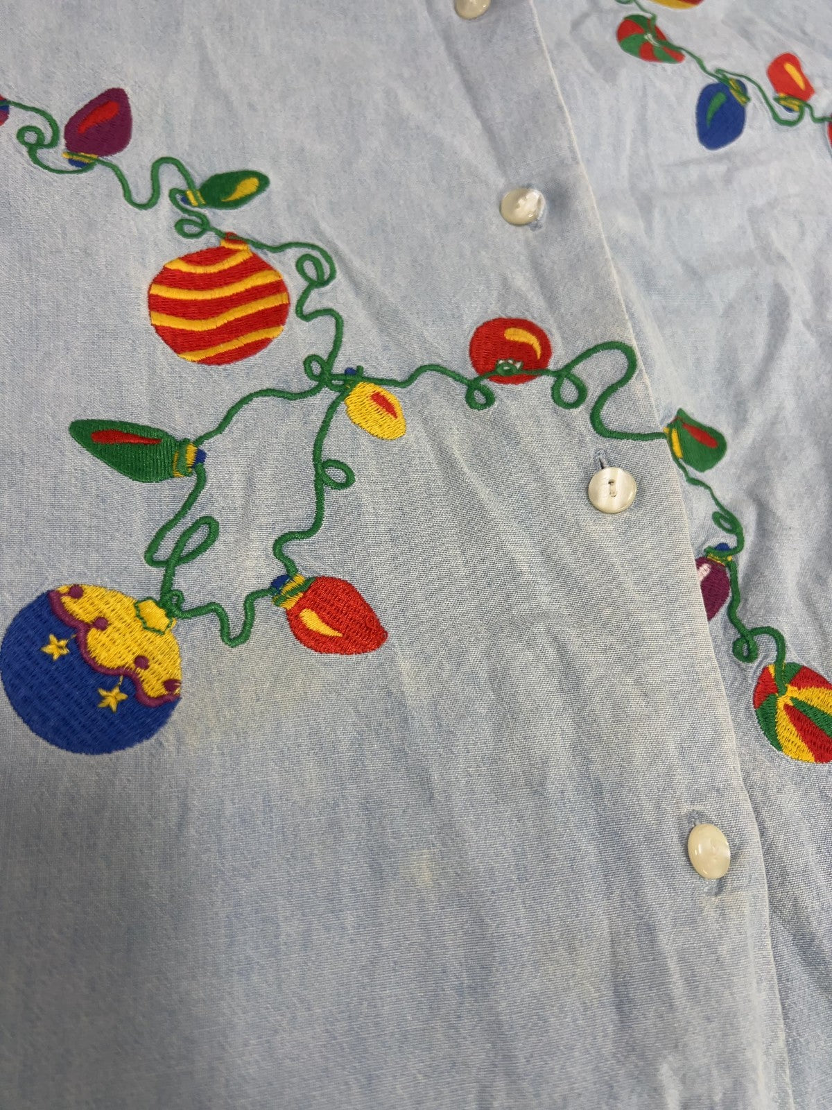 VTG Cambridge Sports Club Christmas Lights Embroidered Denim Shirt Women's L