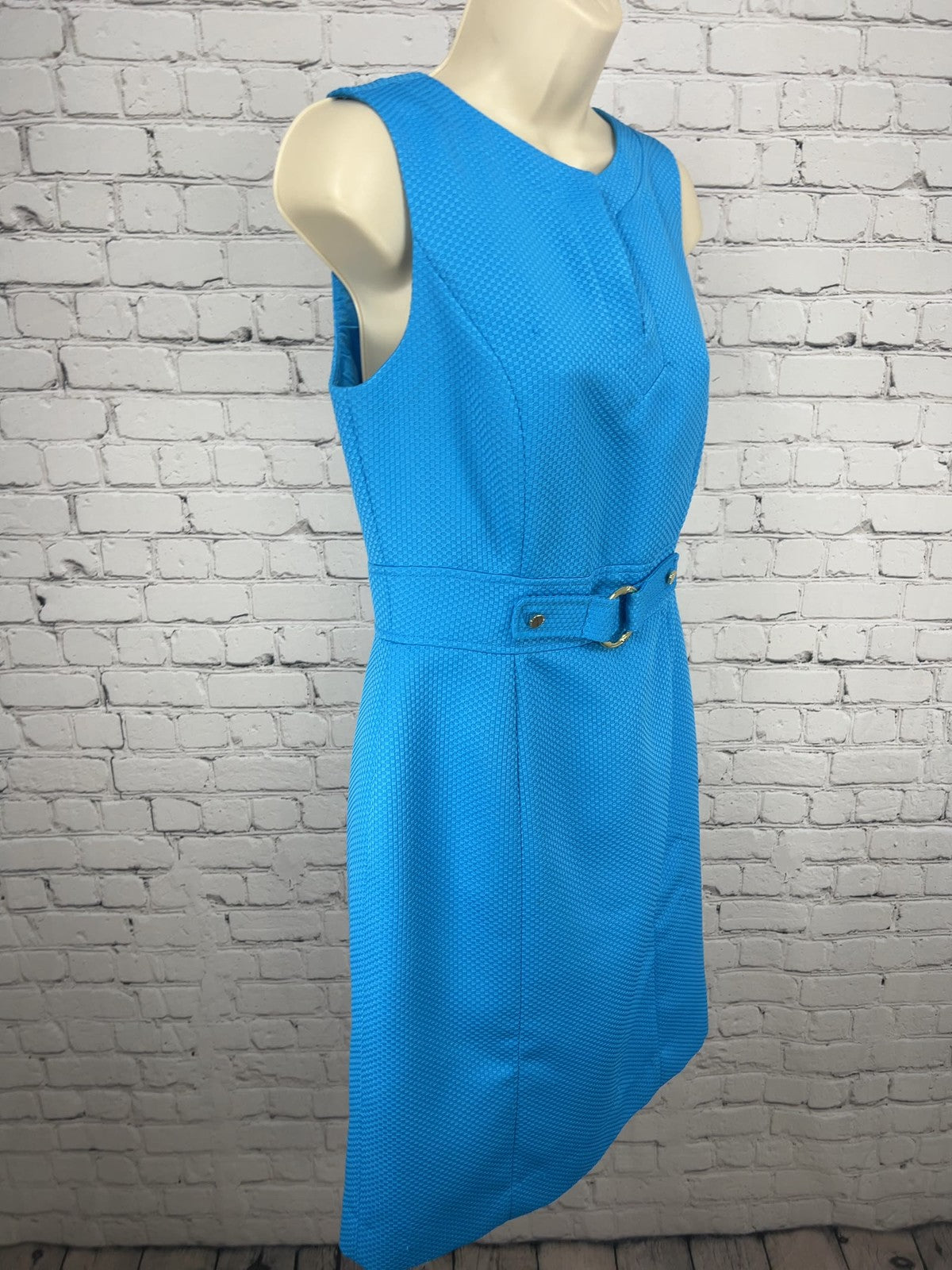 Tahari ASL Blue Textured Sleeveless Gold Ring Belt Lined Sheath Dress 6