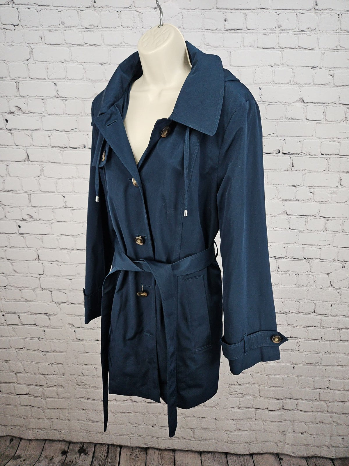 London Fog Dark Teal Hooded Belted Lined Trench Rain Coat Women's L