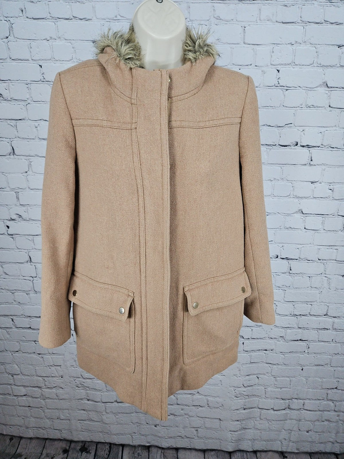J.Crew Mercantile Camel Wool Blend Faux Fur Hooded Parka Coat Women's 4