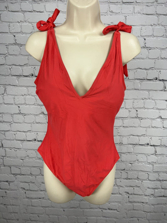 J.Crew Red Deep V Neck Tie Shoulder Lined One Piece Swimsuit Bathing Suit Size L