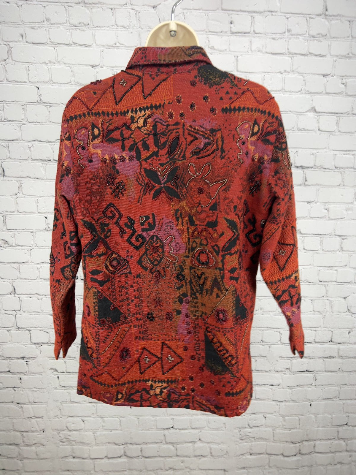 VTG Chico's Red Abstract Tapestry Beaded Button Front Shirt Jacket Size 1 (US S)