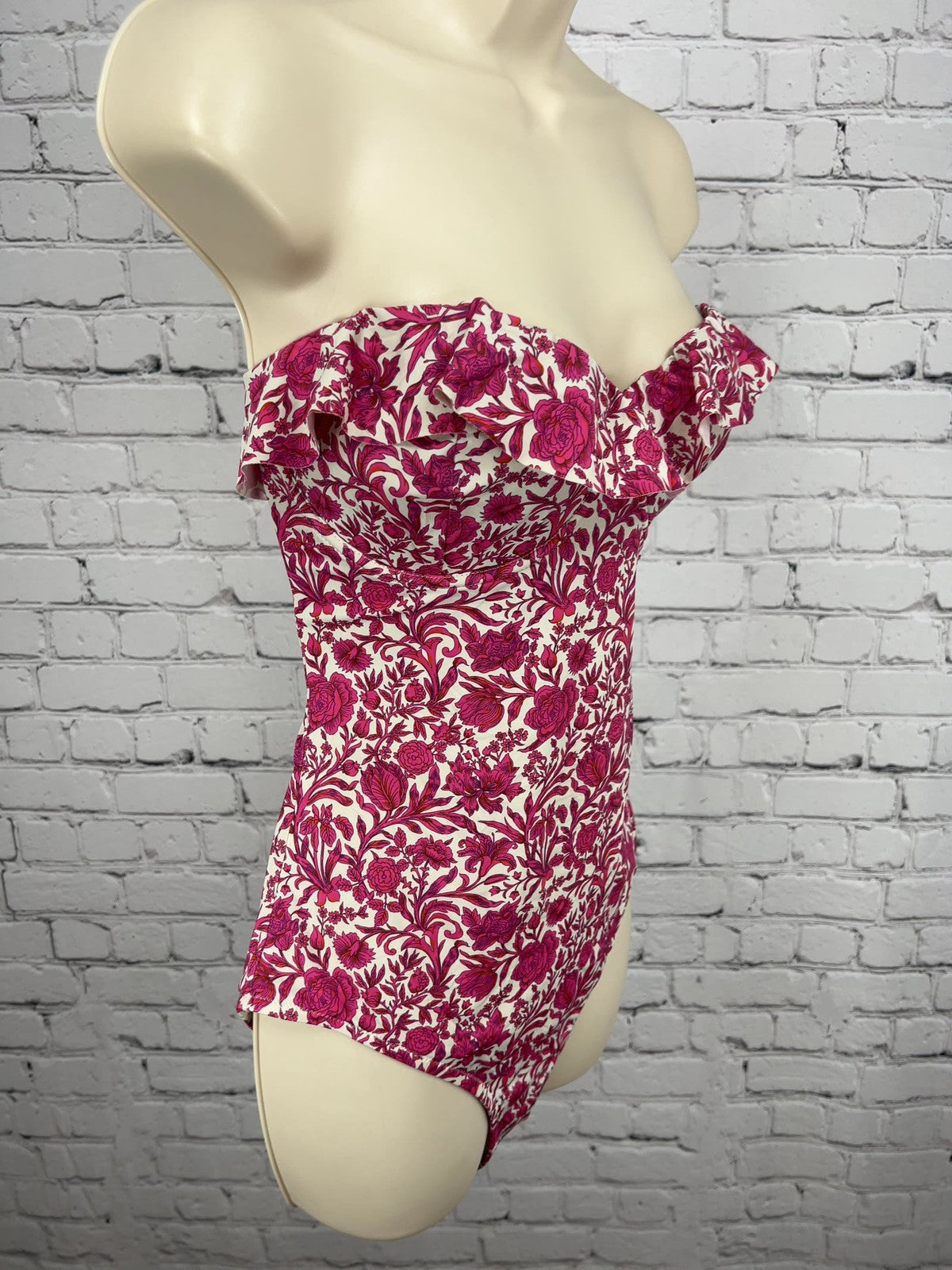 J.Crew Pink Floral Ruffle Strapless Underwire One Piece Swimsuit 10