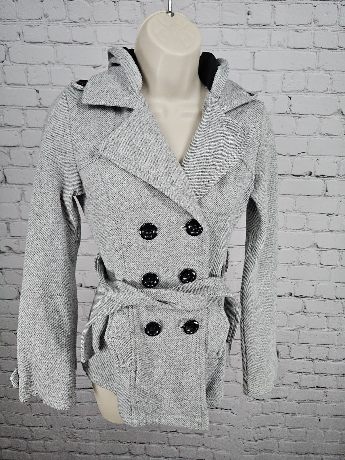 Sebby Gray Hooded Double Breasted Belted Women's Peacoat Jacket S