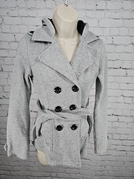Sebby Gray Hooded Double Breasted Belted Women's Peacoat Jacket S
