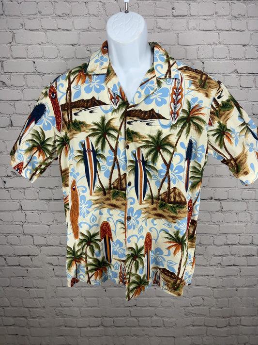 VTG Aloha Republic Cream Surfboard Palm Tree Cotton Hawaiian Shirt USA Men's L