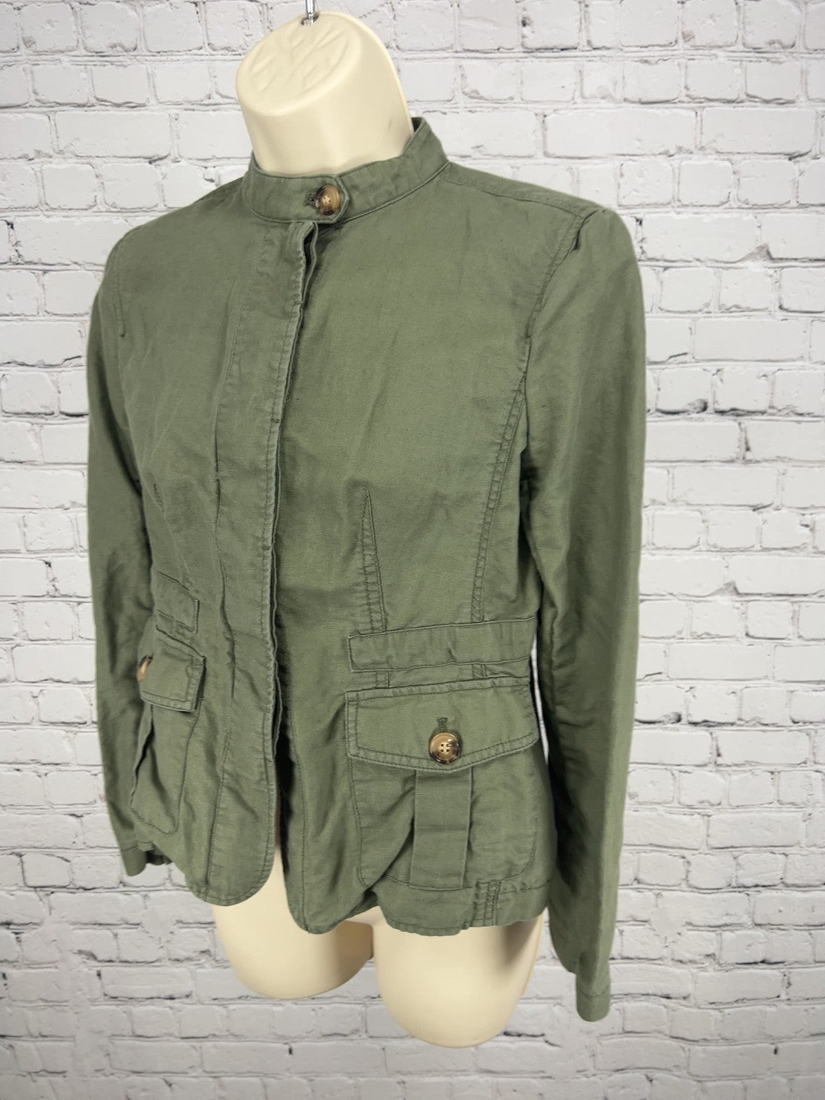 Talbots Petites Olive Green Linen Blend Stand Collar Utility Jacket SP