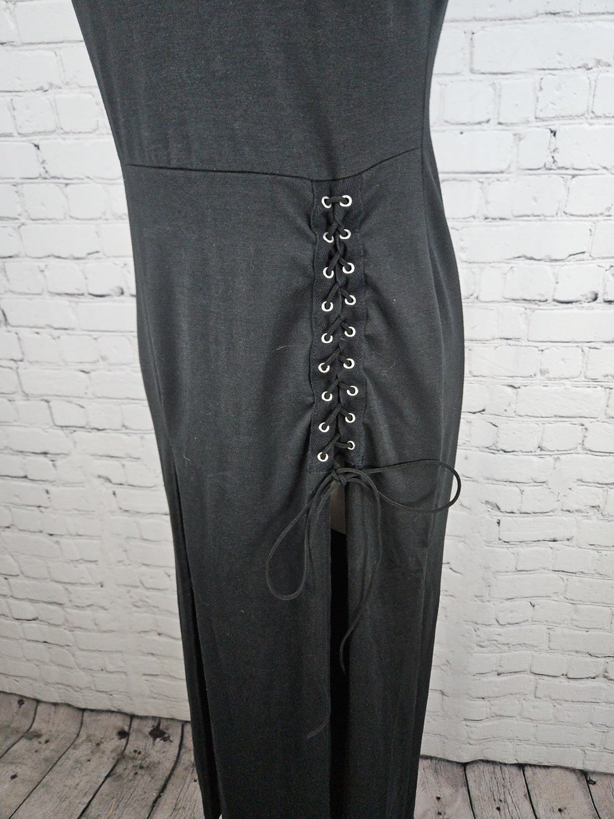 NWD GothDark Black Lace Up Plunge V Neck Sleeveless Slit Maxi Dress Women's S
