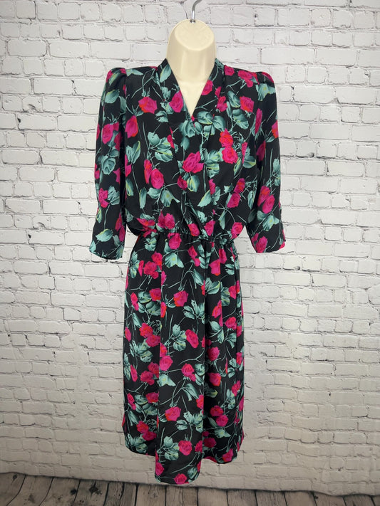 VTG Luci Fellini Black Pink Rose Floral Puff Sleeve Surplice Midi Dress 12P