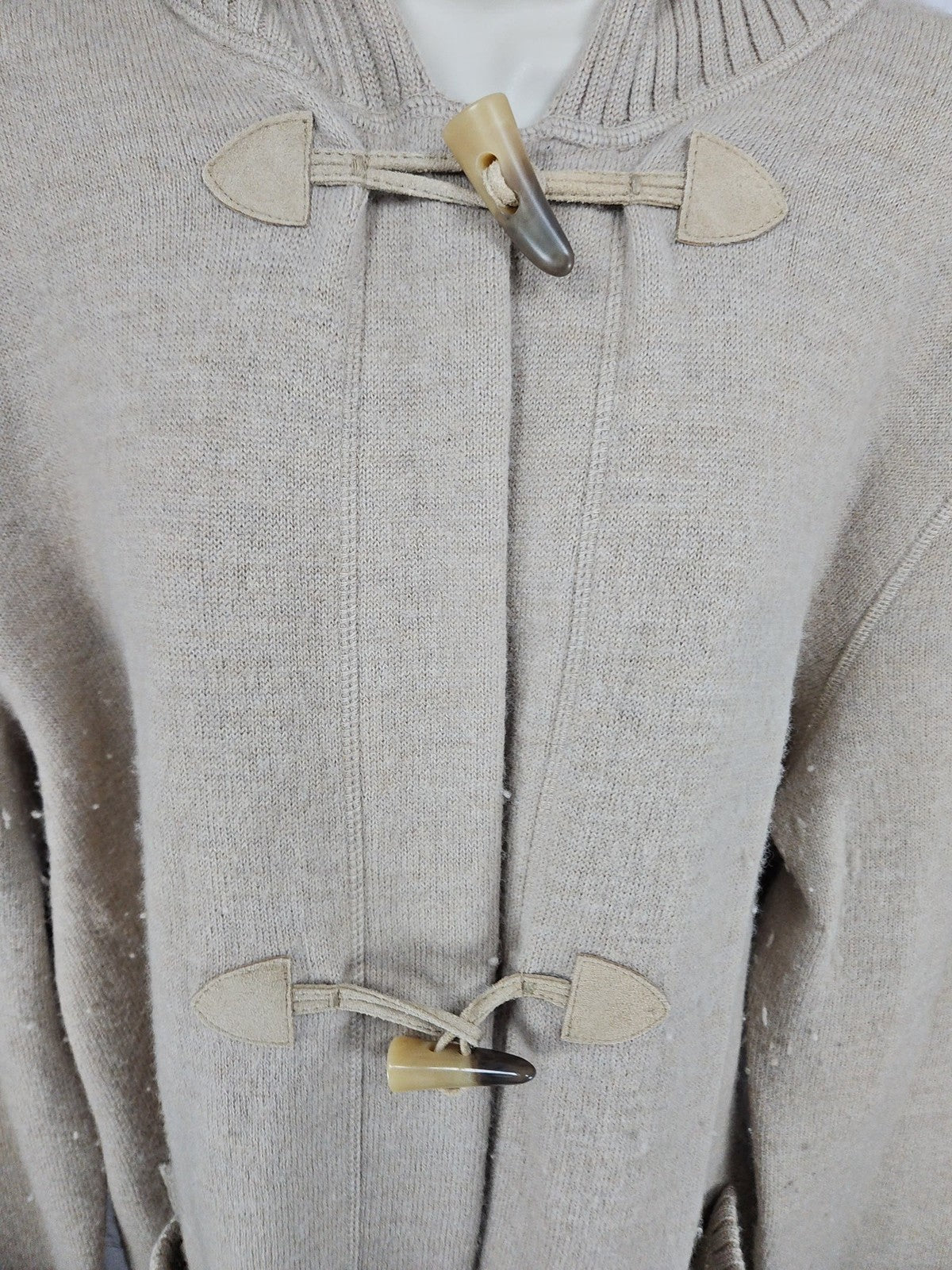 VTG Jones New York Sport Beige 100% Wool Hooded Toggle Cardigan Women's L