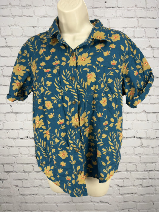 Orvis Teal Gold Floral Print Cotton Modal Short Sleeve Button Up Shirt S