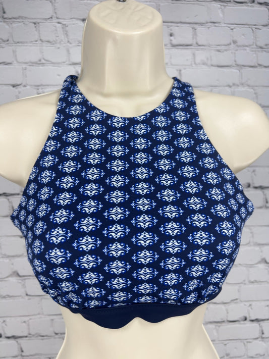 Athleta Navy Medallion High Neck Crisscross Underwire Bikini Top 32D/DD