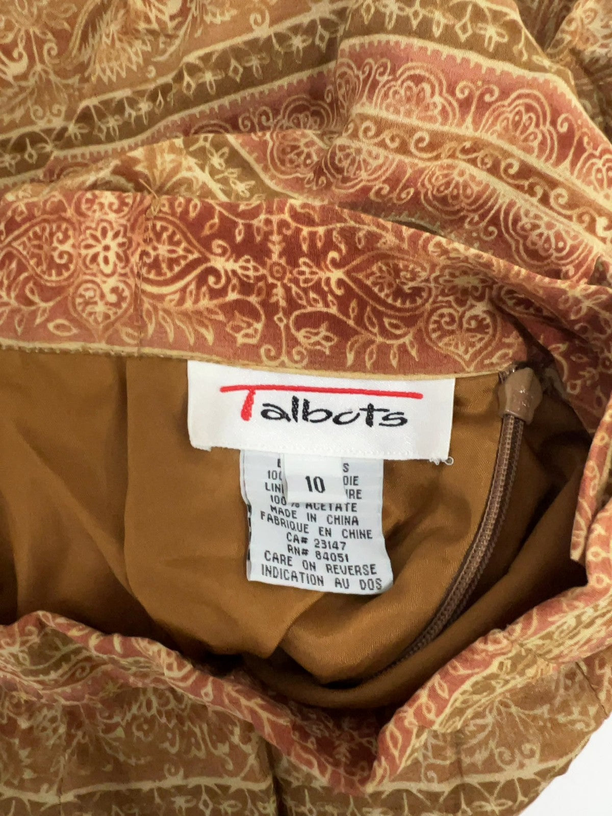 VTG Talbots Tan Rust Paisley Border Print 100% Silk Lined Midi Skirt 10