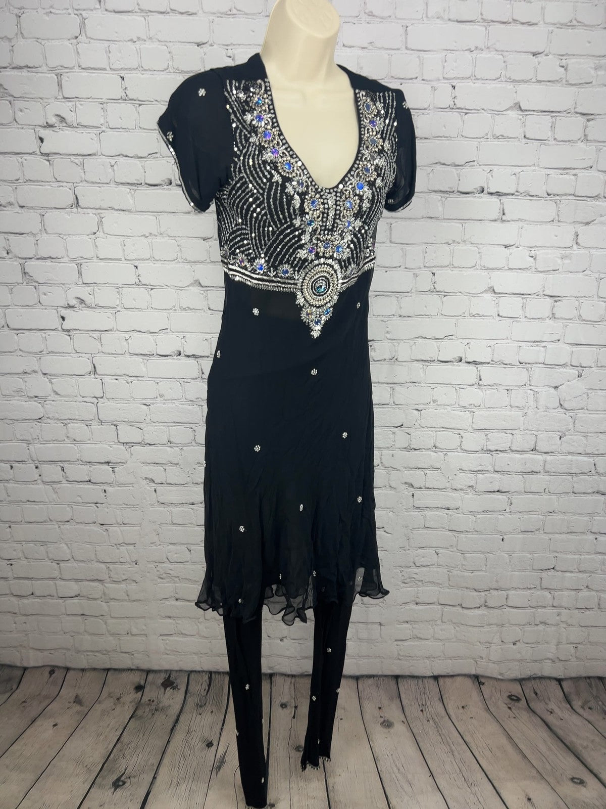 Black Silver Beaded Sequin Chiffon 3 Piece Salwar Kameez Dupatta Set M