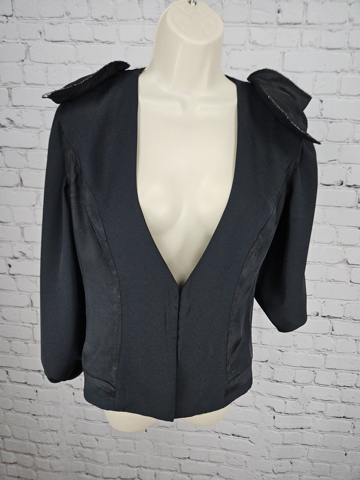 VTG Ever Beauty Black Collarless V Neck Rhinestone Button Women's Jacket 4
