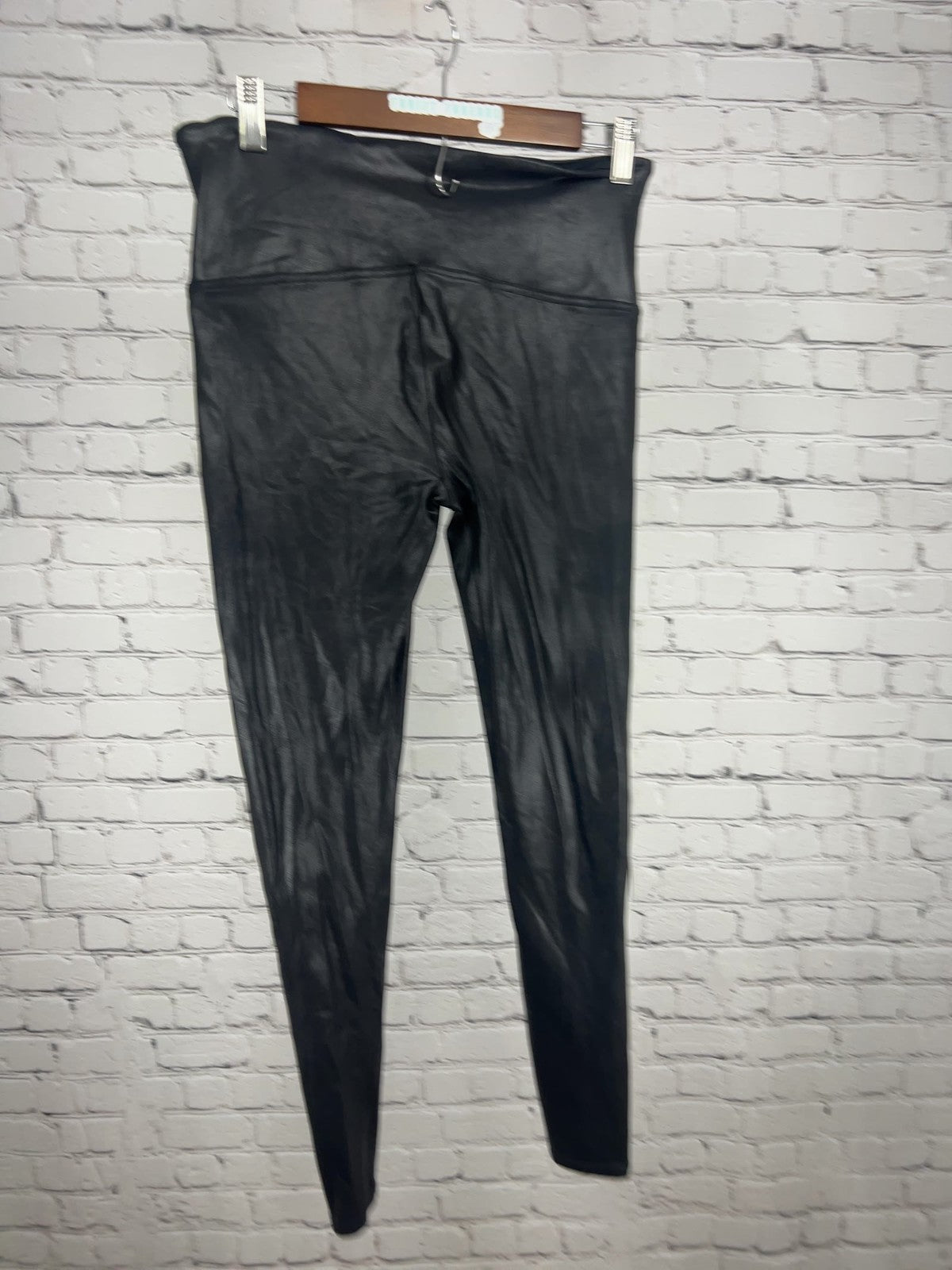 Spanx Faux Leather Black White Side Stripe Leggings Women's XL (30X27)