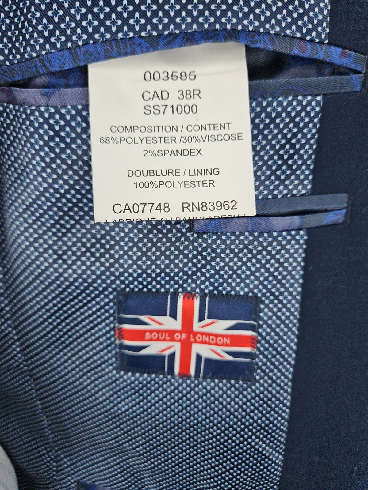 Soul of London Navy Blue 2 Button Notch Floral Lined Blazer Sport Coat 38R