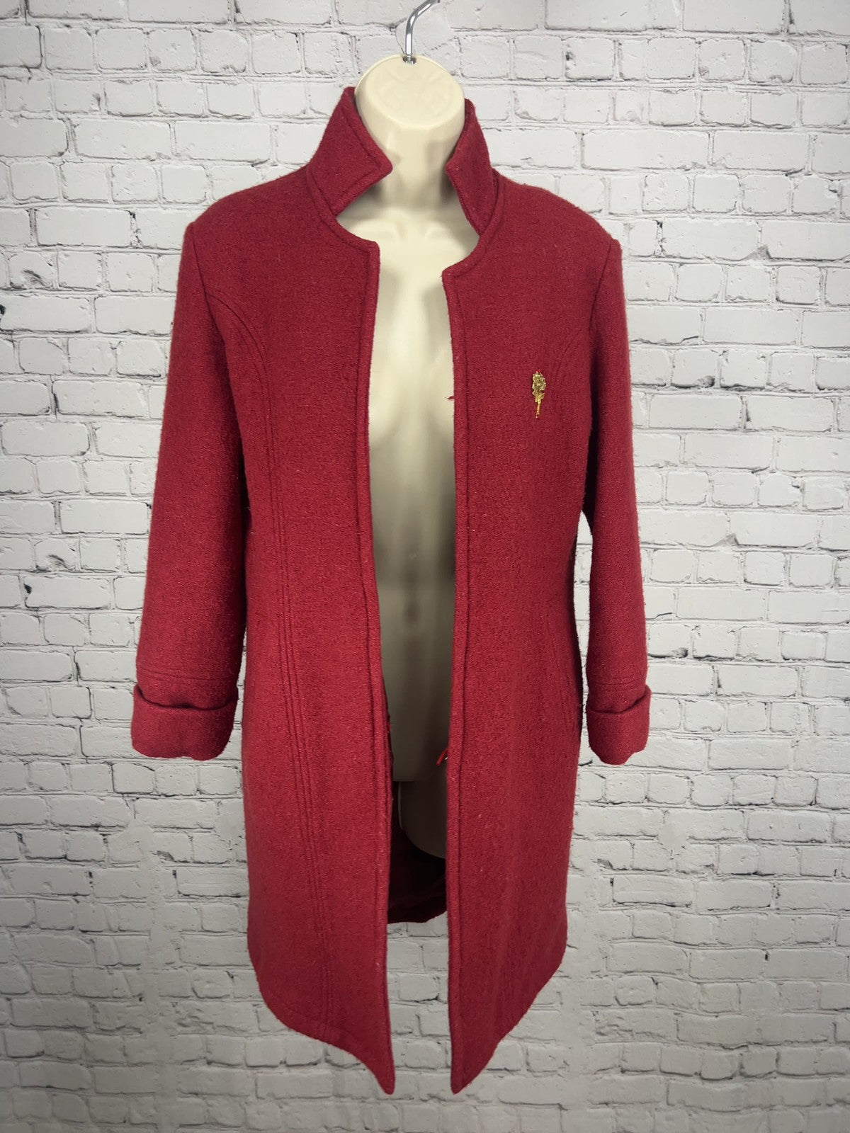Massimo Dutti Red Boucle Stand Collar Open Front Lined Coat Womens L