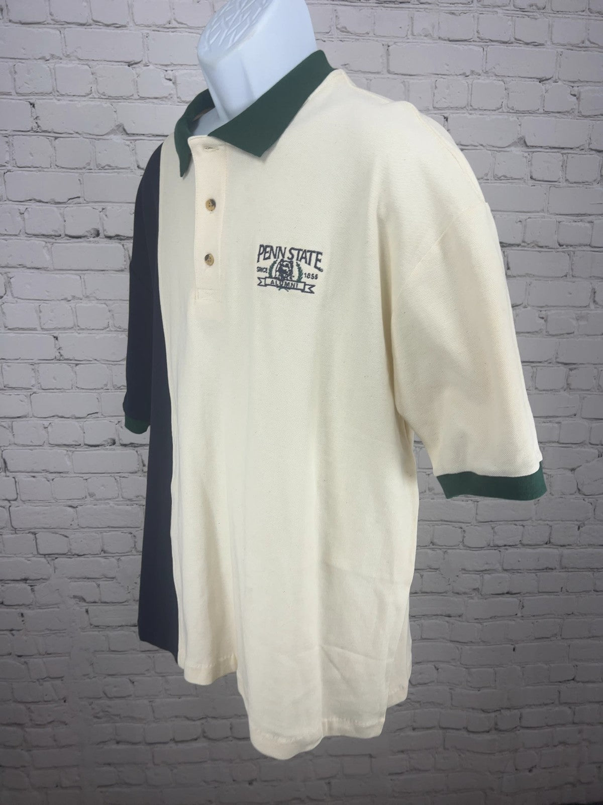 VTG Travaux Penn State Alumni Cream Navy Green Color Block Polo Shirt XL