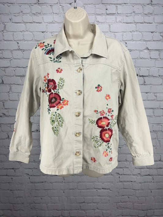VTG Coldwater Creek Khaki Floral Embroidered Cotton Button Up Shirt Jacket L