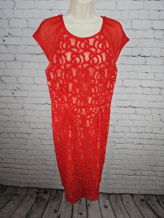 Adrianna Papell Red Lace Illusion Mesh Cap Sleeve Lined Sheath Dress 12