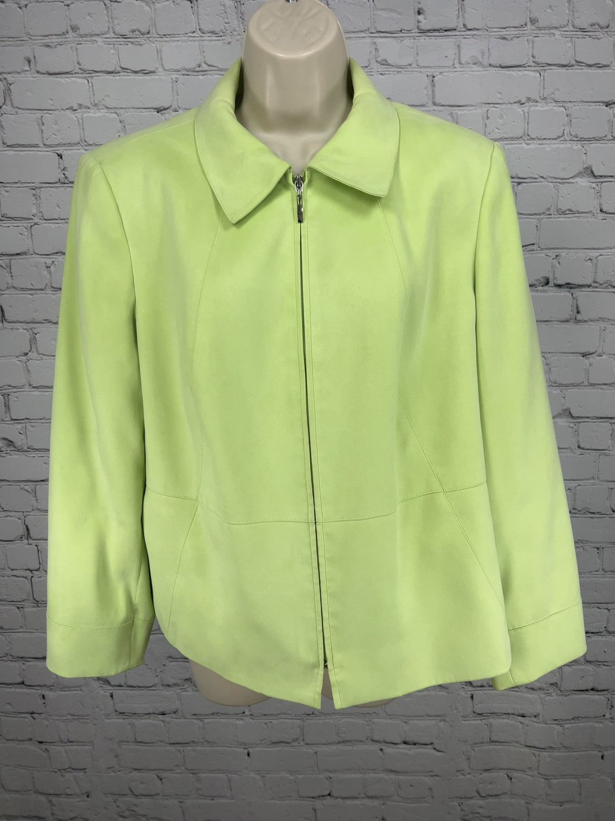 VTG Talbots Woman Petites Lime Green Faux Suede Zip Front Lined Jacket 12W