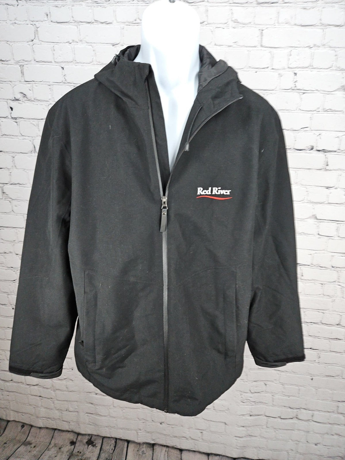 NWD Port Authority Black Hooded Full Zip Lined Jacket Red River Logo Men's L