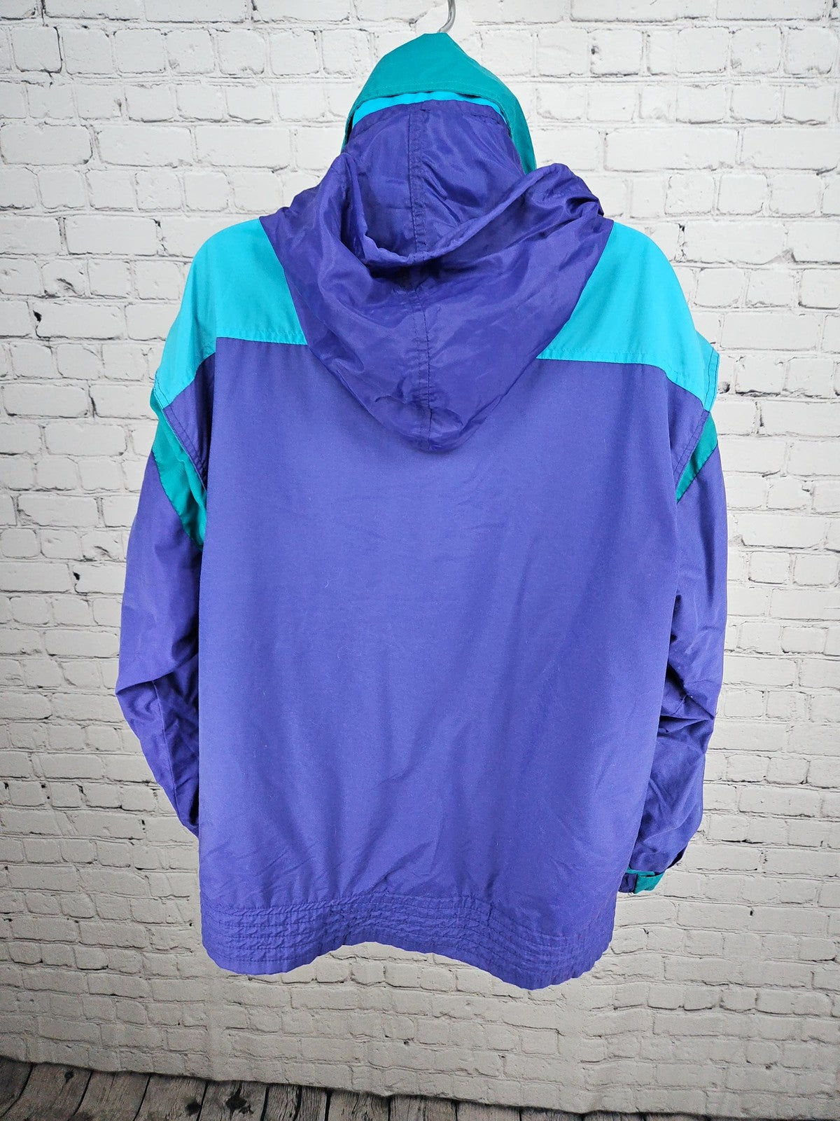 VTG Weekends Purple Teal Color Block Hooded Nylon Windbreaker Jacket Men's L
